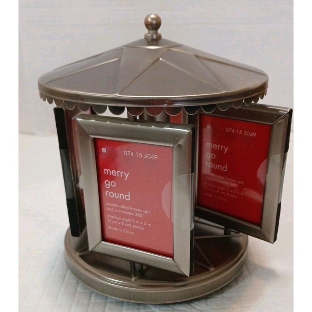VTG Merry Go Round Double Sided Frame Spin & Unit 360° 2×3 Photos Metal Pewter